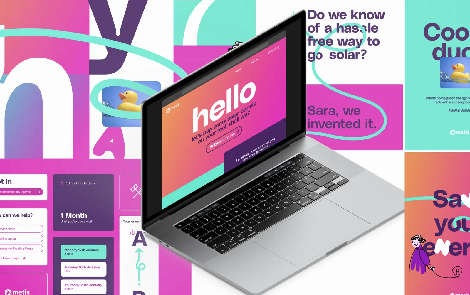 Metis brand elements around a laptop showing the Metis site: bold type in pink, teal and purple.
