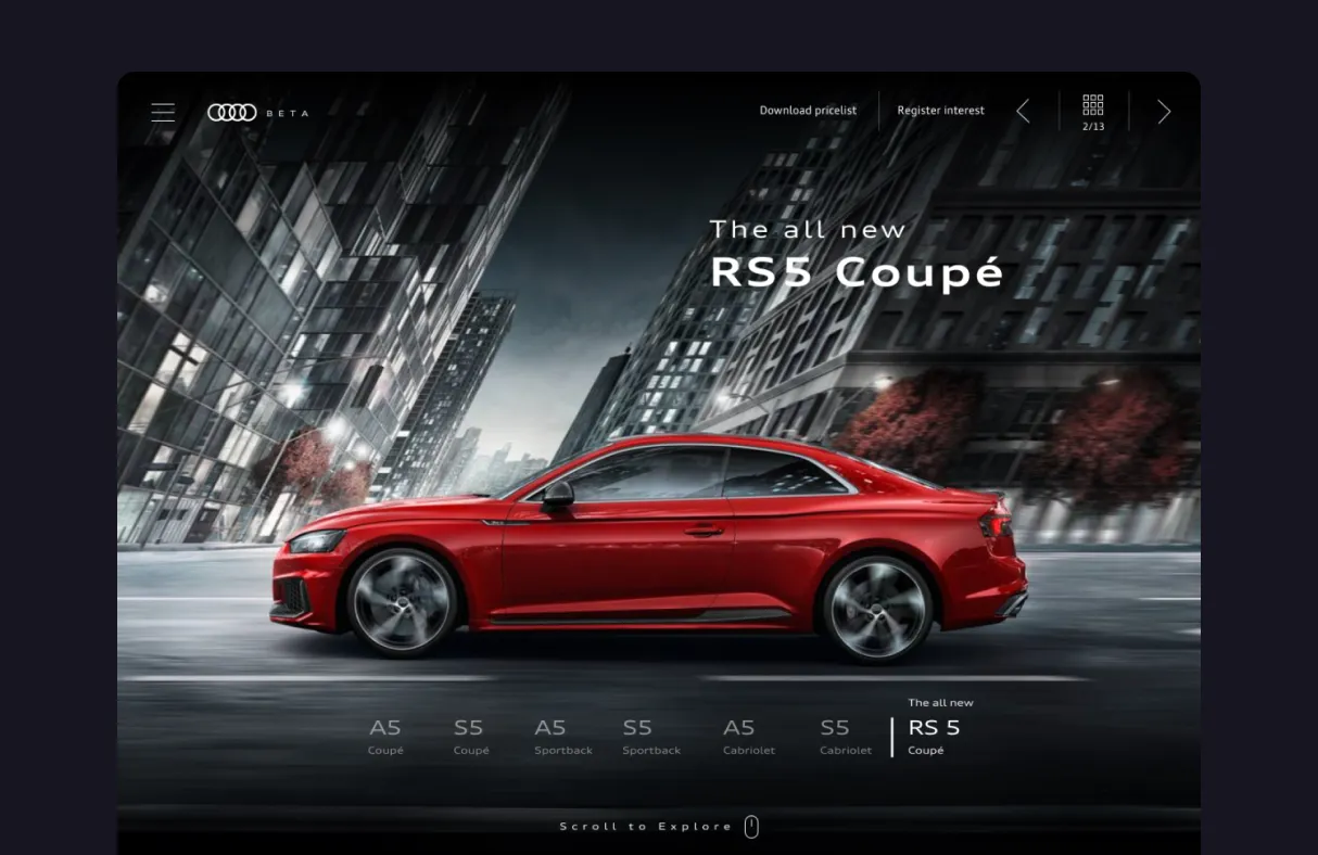An Audi RS 5 Coupé campaign page.