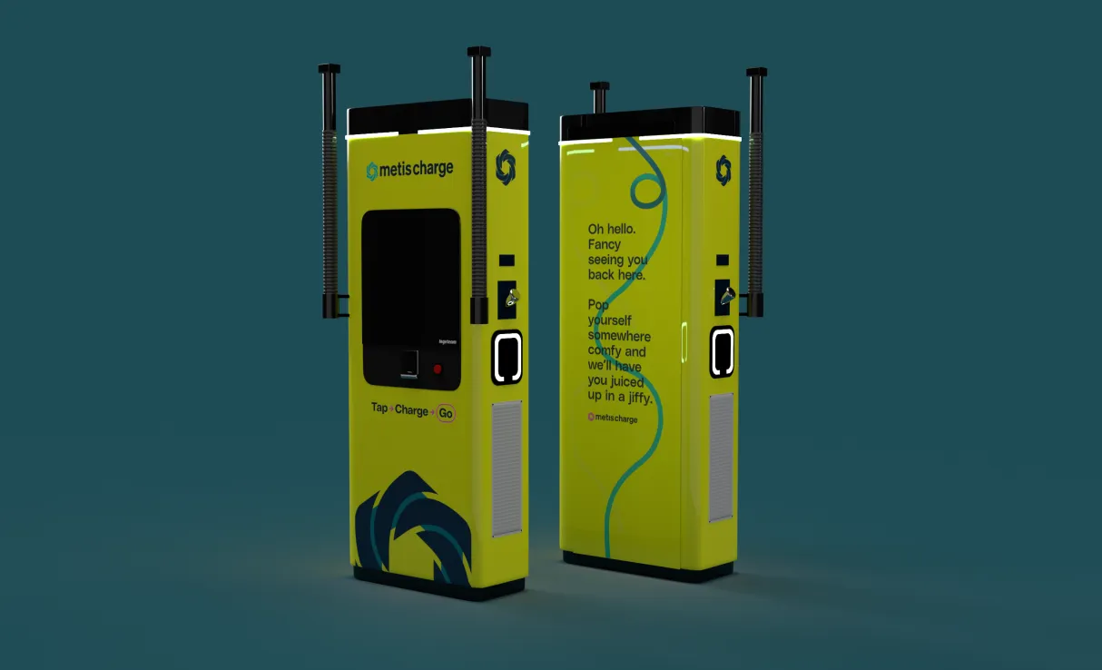 A yellow and teal MetisCharge charging unit.