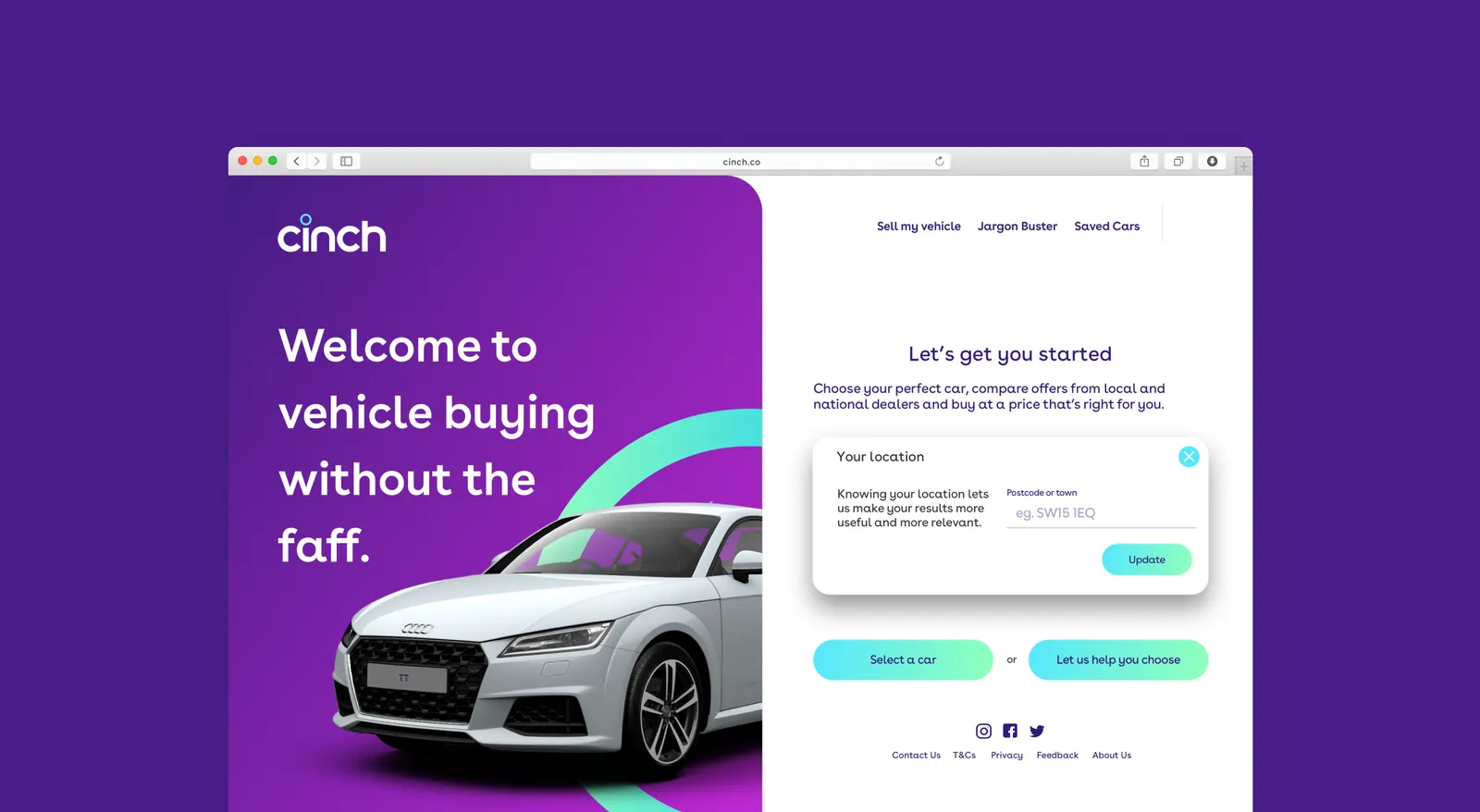 The cinch home page: ‘Welcome to vehicle buying without the faff’, beside a white car.
