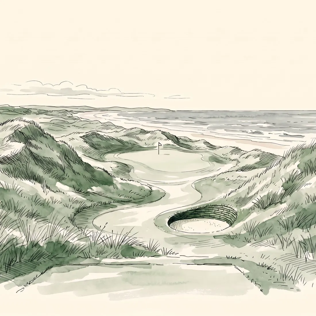 A pen-and-wash illustration of a links golf hole.