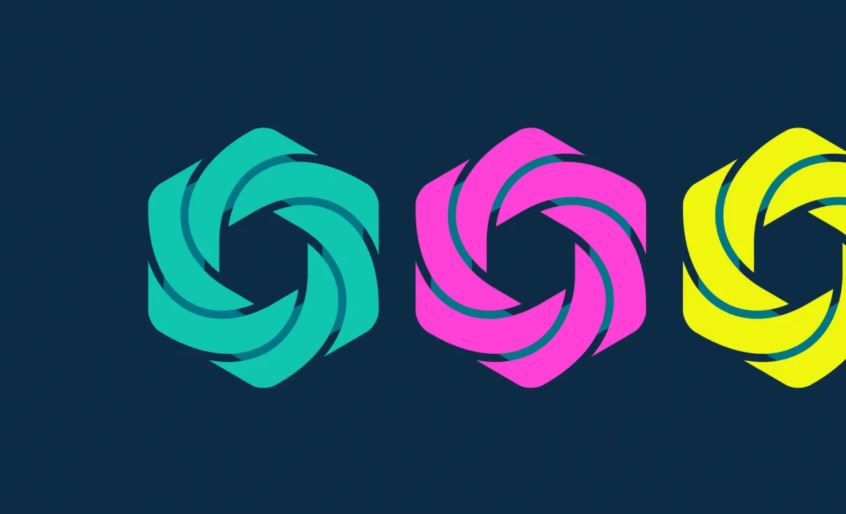 Three versions of the Metis mark in teal, pink and yellow.