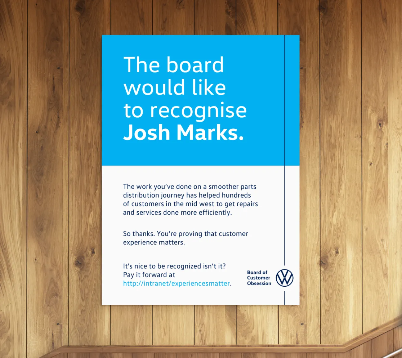 A notice on a wooden wall: ‘The board would like to recognise Josh Marks.’