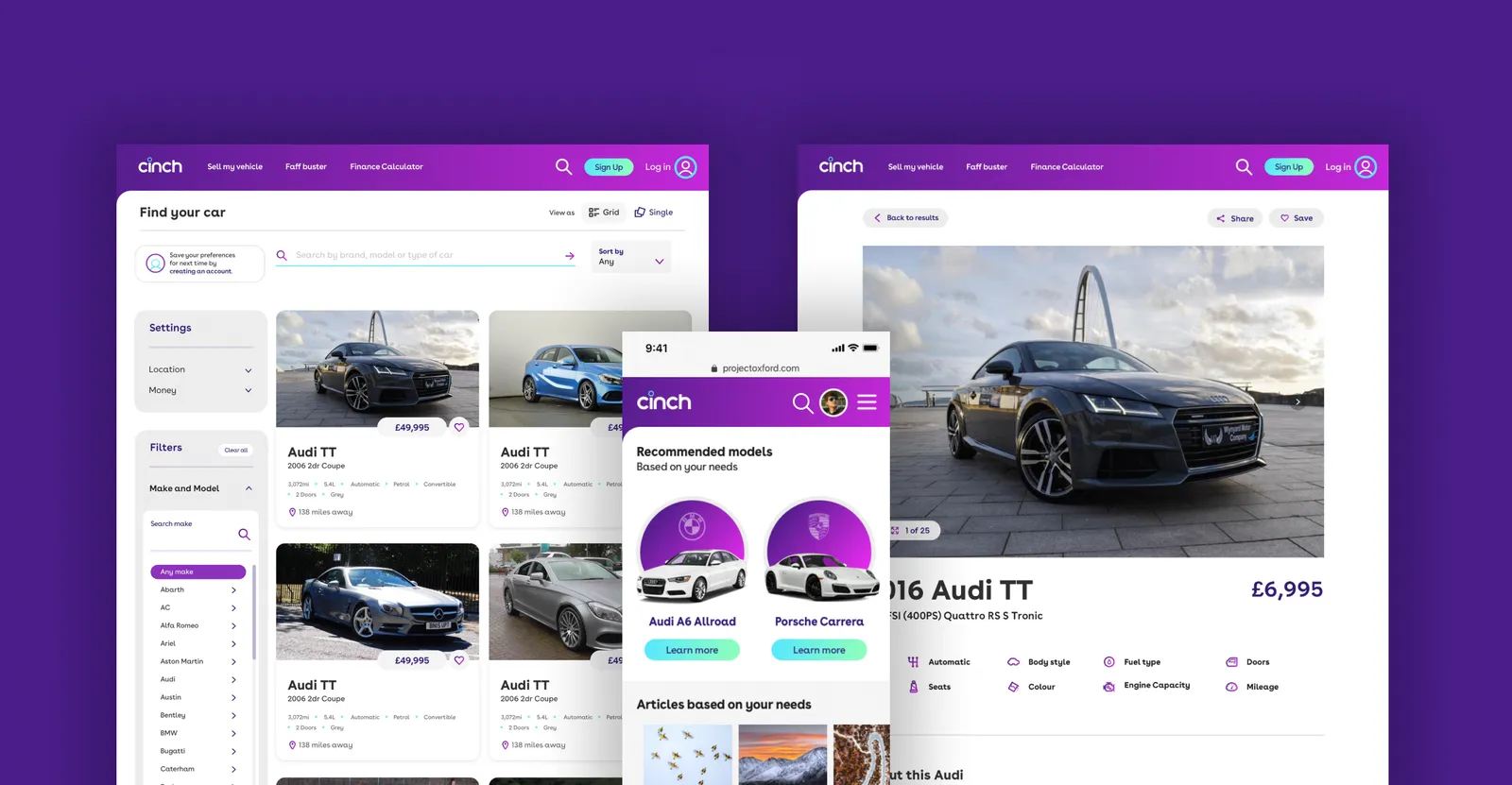 Several cinch screens showing vehicle listings and detail pages.
