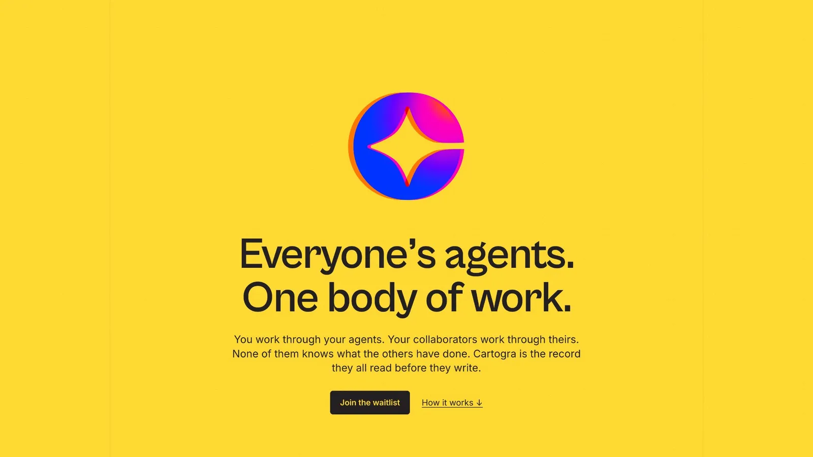 The Cartogra waitlist site: ‘Everyone’s agents. One body of work.’ on a yellow ground.