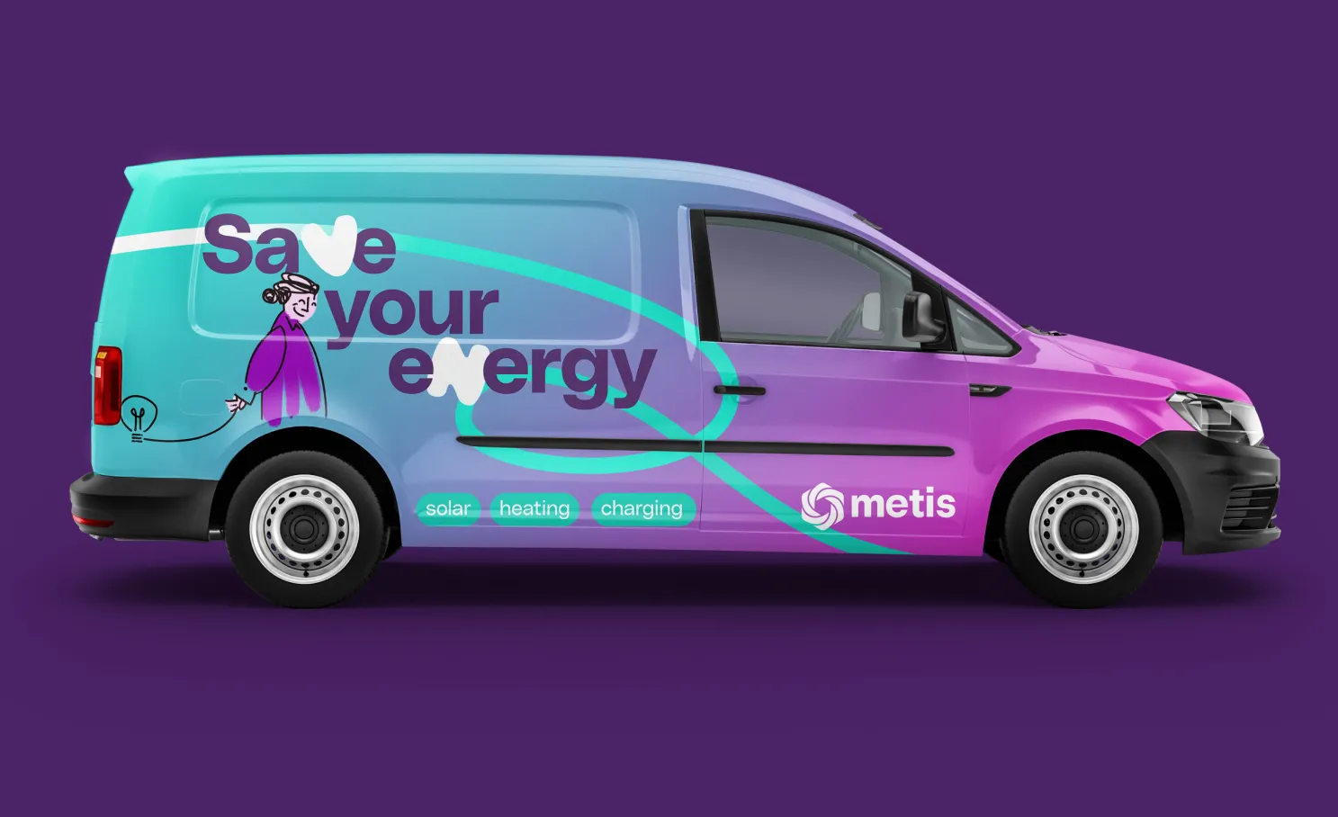 A purple Metis van wrapped with ‘Save your energy’.